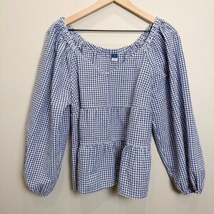 Old Navy M Tiered Blue Gingham Seersucker Long Sleeve Top Puff Sleeve Wide Neck